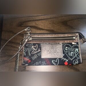 Coach Poppy Black Graffiti Large Clutch Wristlet